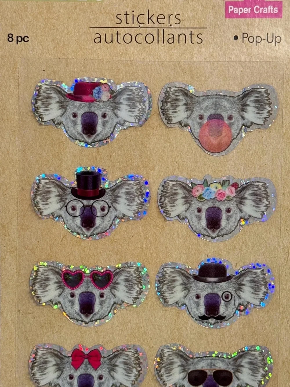 Kids Koala Pop-Up Stickers - Holographic Silver Accents